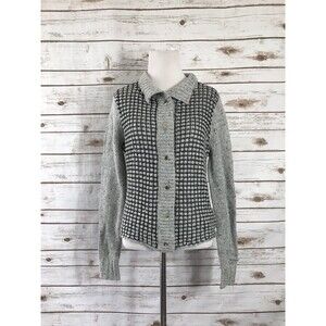 Cabi #3006 S Sweater Long Sleeve Snap Front Gray Black Cardigan twee minimalist‎